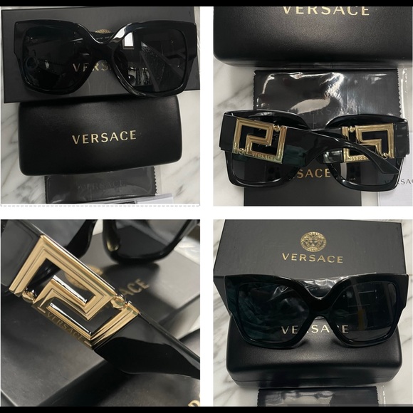 VERSACE STUNNING BLACK SQUARE FRAME SUNGLASSES WITH DRAMATIC GOLD GRECA LOGO - Picture 10 of 16